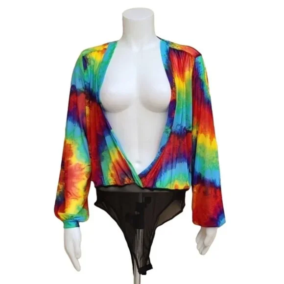 LOVE BRAND Rainbow Tie Dye Long Sleeve Bodysuit L Pride Festival Rave Faux Wrap - Picture 7 of 16